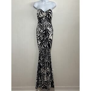 VTG 90s Y2K Cache Strapless Mermaid Maxi Dress Sz0 Black White Palms Ruched Prom